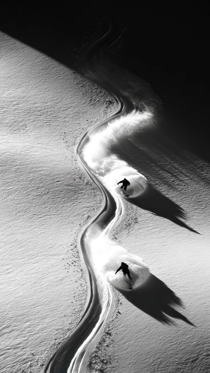 Two freeride skiers carving linked powder turns, seen from above in black and white