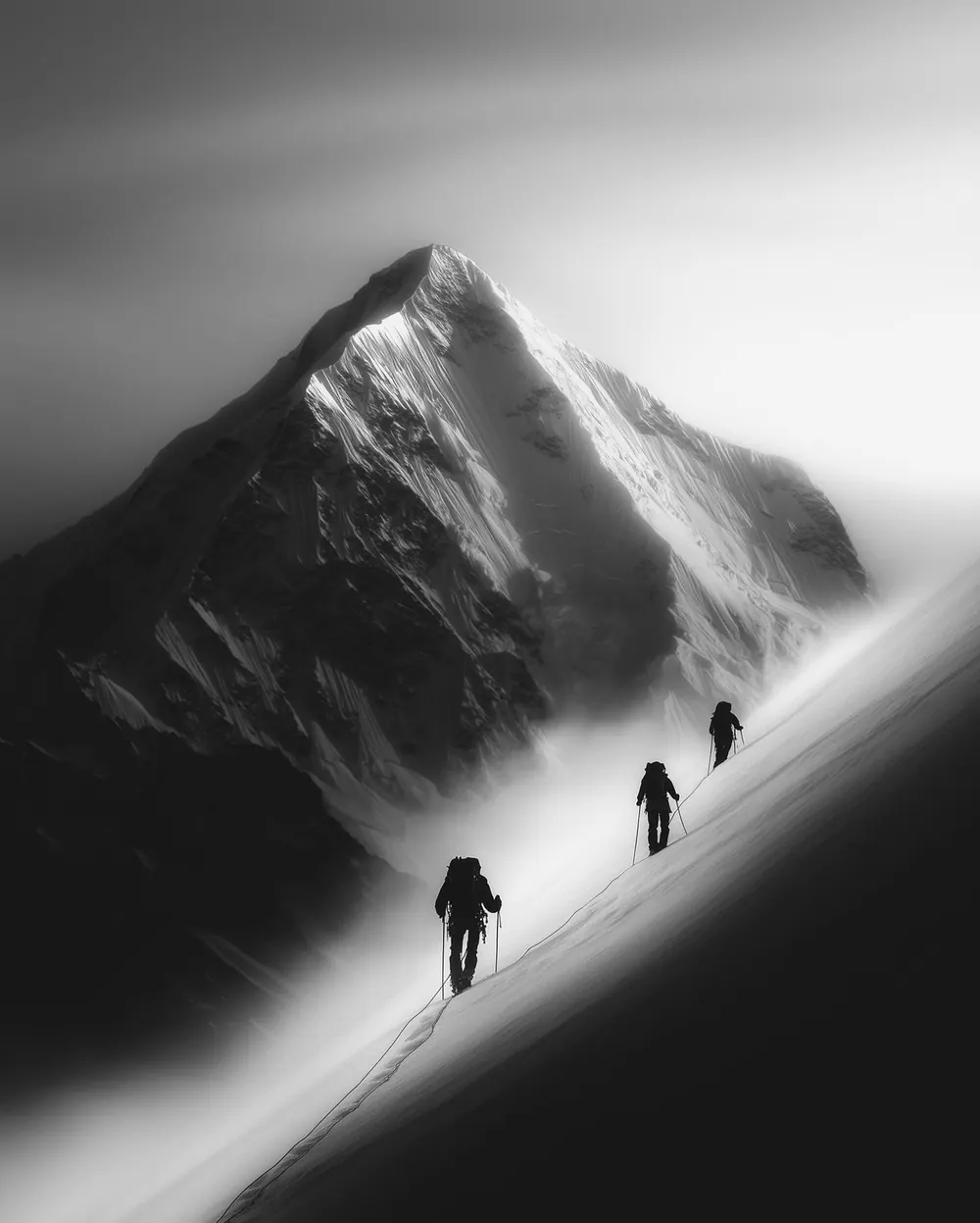 Ski tourers skinning up a misty ridge towards an alpine summit